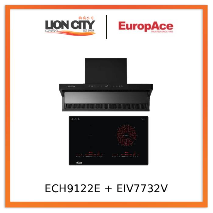 Europace ECH9122EBK 90cm 1200m3/h L-Shaped Hood with Dual Suction + EIV7732V Otimmo 7 Series 73 cm 2-Burner Hybrid Hob - Black