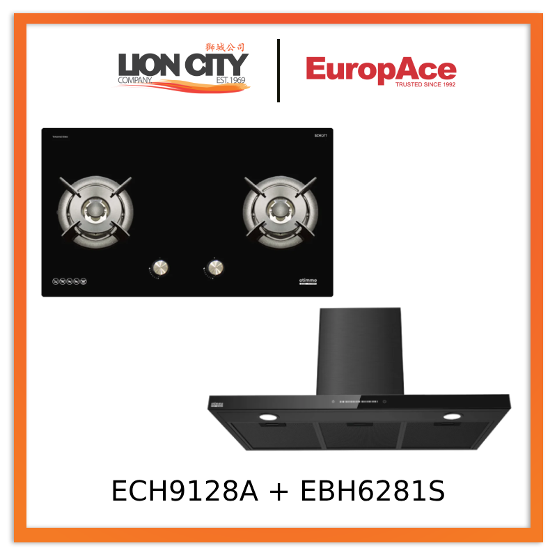Europace ECH9128A 90cm Premium T-Chimney Hood Full + EBH6281S 2 Burner 80cm Slim Gas Cooker Hob (Schott Glass)