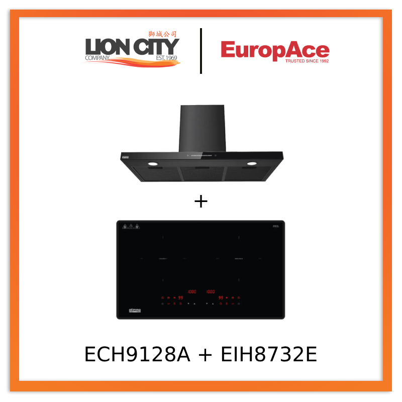 Europace ECH9128A 90cm Premium T-Chimney Hood Full + EIH8732E 8 Series 73cm Induction Hob with Magnetic Knob