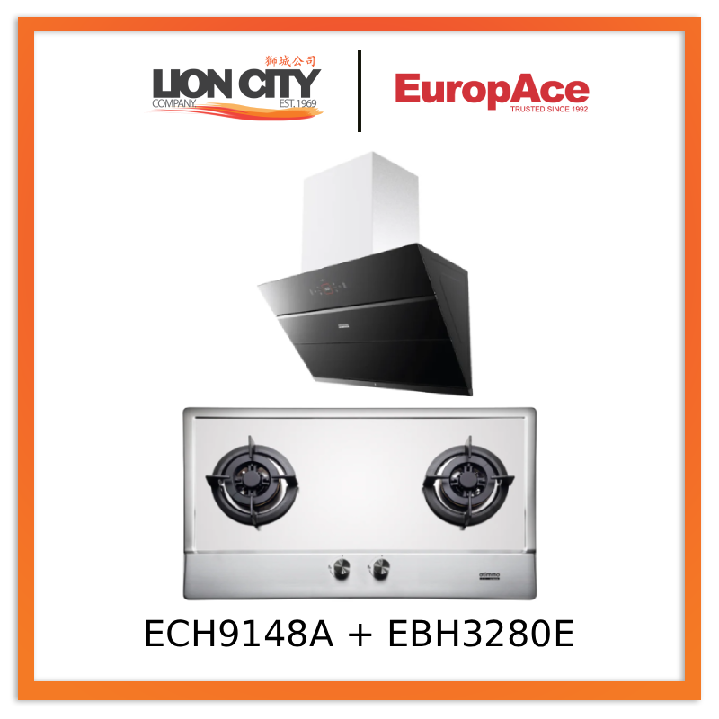 Europace ECH9148A 90cm Premium Inclined Hood + EuropAce EBH3280E 80cm Built-In Stainless Steel Gas Hob (2burner)