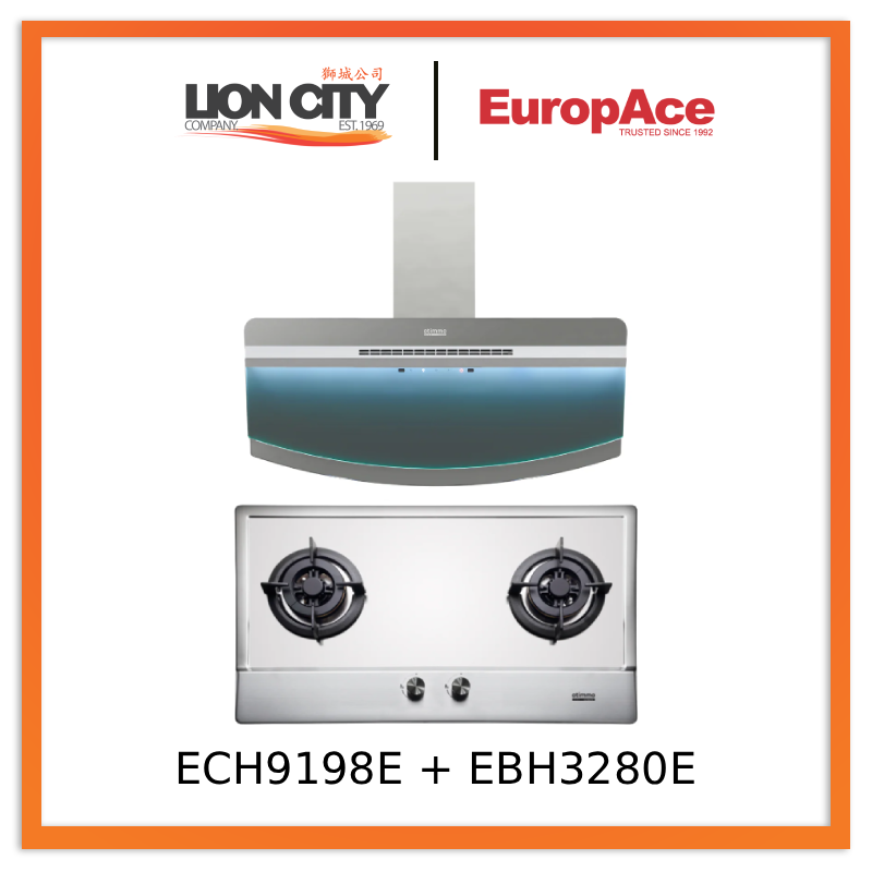 Europace ECH9198EBK 90cm 1400m3/h Designer Chimney Hood + EuropAce EBH3280E 80cm Built-In Stainless Steel Gas Hob (2burner)