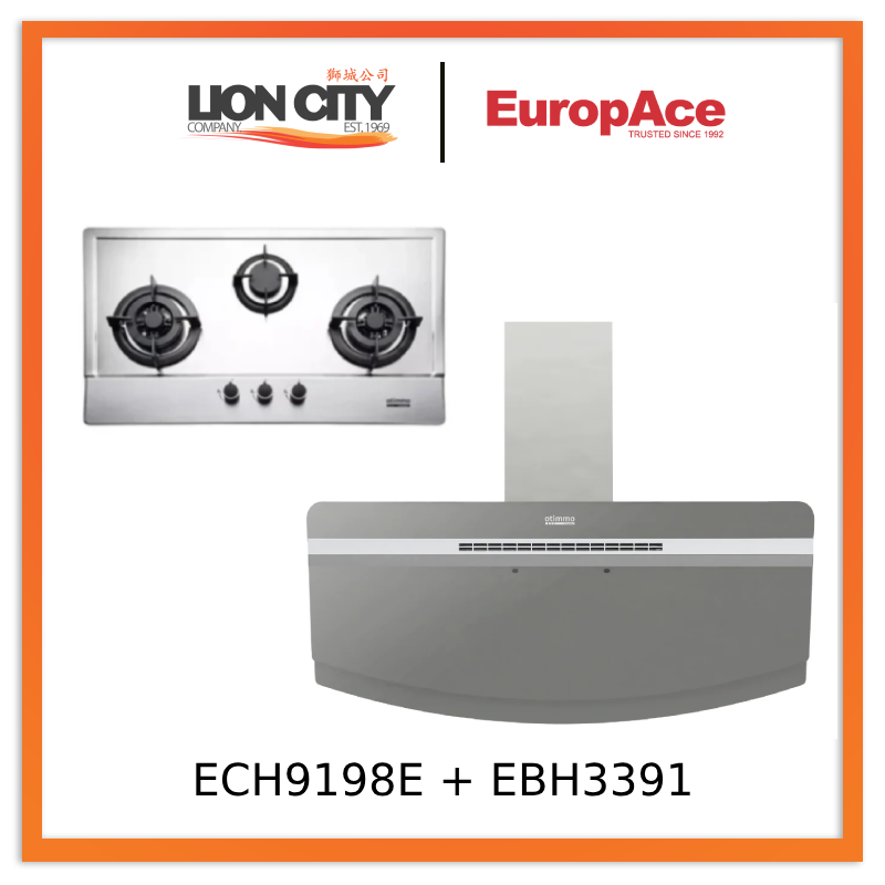 Europace ECH9198EBK 90cm 1400m3/h Designer Chimney Hood + EBH3391U Otimmo 3 Burner 90cm Slim Built-in Gas Hob Cooker (Stainless Steel)