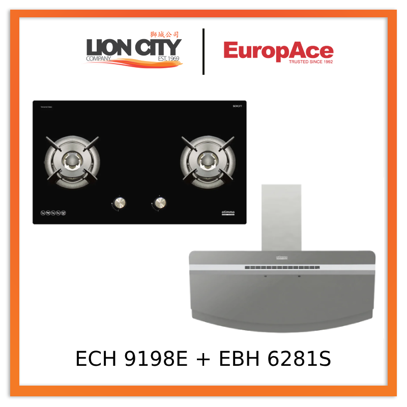 Europace ECH9198EBK 90cm 1400m3/h Designer Chimney Hood + EBH 6281S 2 Burners 80cm Slim Hob (Schott Glass)