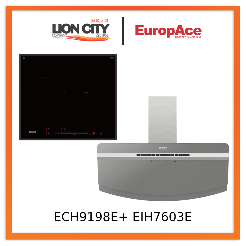 Europace ECH9198EBK 90cm 1400m3/h Designer Chimney Hood + EIH7603E 7 Series 60cm Induction Hob