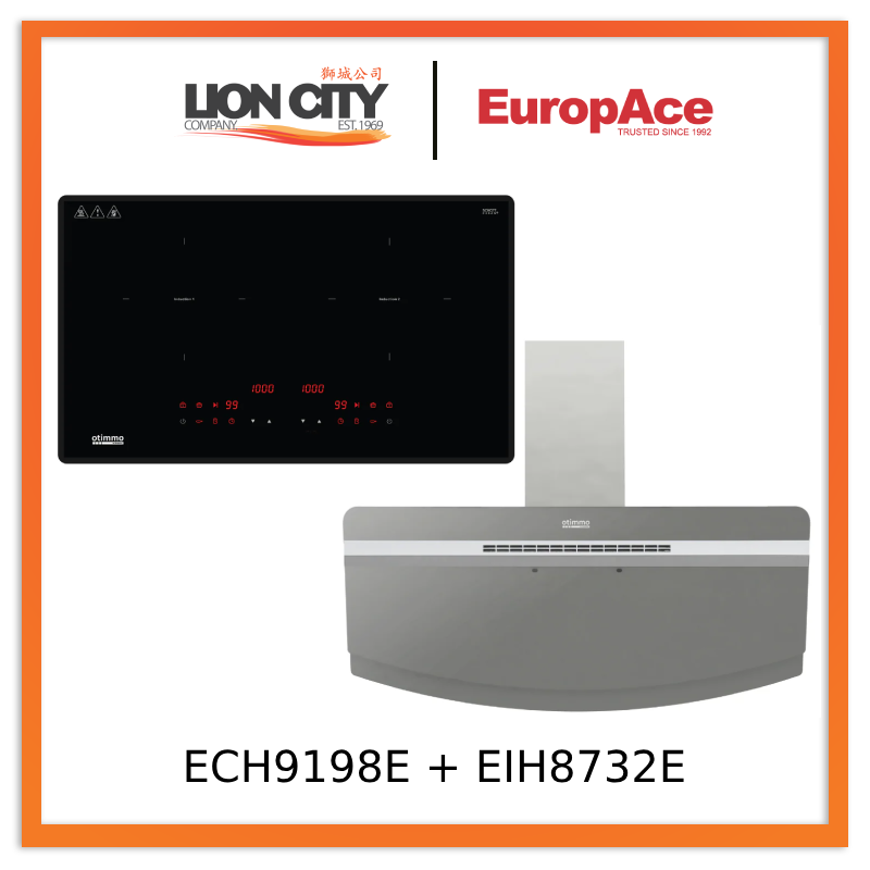 Europace ECH9198EBK 90cm 1400m3/h Designer Chimney Hood + EIH8732E 8 Series 73cm Induction Hob with Magnetic Knob