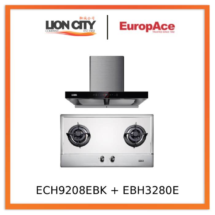 EuropAce ECH9208EBK 90cm 2000m3/h T-Shaped Chimney Hood + EuropAce EBH3280E LPG/TG 80cm Built-In Stainless Steel Gas Hob (2burner)