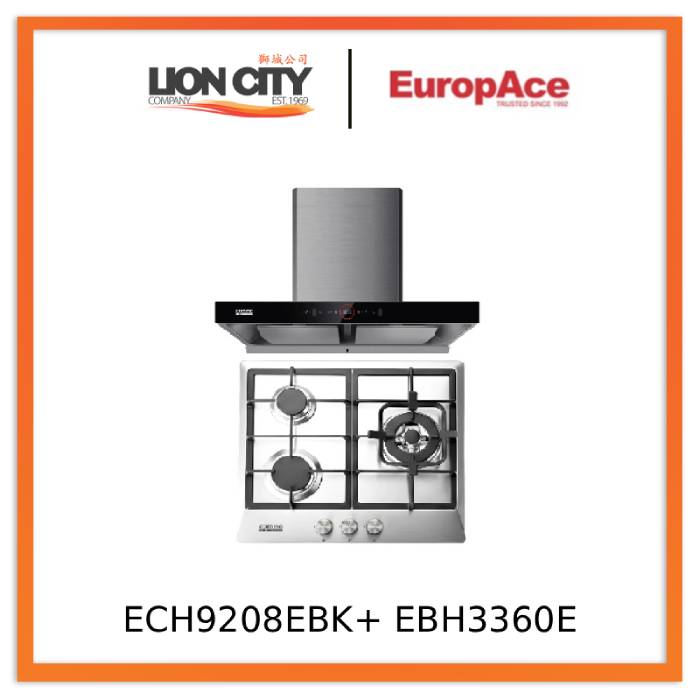EuropAce ECH9208EBK 90cm 2000m3/h T-Shaped Chimney Hood + EuropAce EBH3360E LPG/TG 60cm Built-In Stainless Steel Gas Hob (3burner)