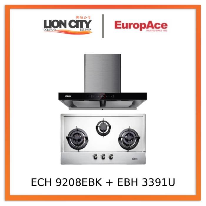 EuropAce ECH9208EBK 90cm 2000m3/h T-Shaped Chimney Hood + EBH3391U LPG/TG Otimmo 3 Burner 90cm Slim Built-in Gas Hob Cooker