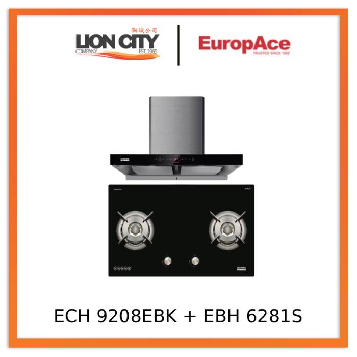 EuropAce ECH9208EBK 90cm 2000m3/h T-Shaped Chimney Hood + EuropAce EBH6281S LPG/TG 2 Burner 80cm Slim Gas Cooker Hob (Schott Glass)