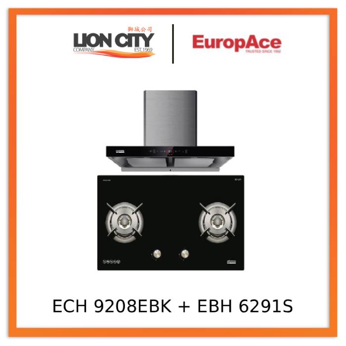 EuropAce ECH9208EBK 90cm 2000m3/h T-Shaped Chimney Hood + Europace EBH6291S LPG/TG 2 Burner 90cm Gas Cooker Hob (Schott Glass)