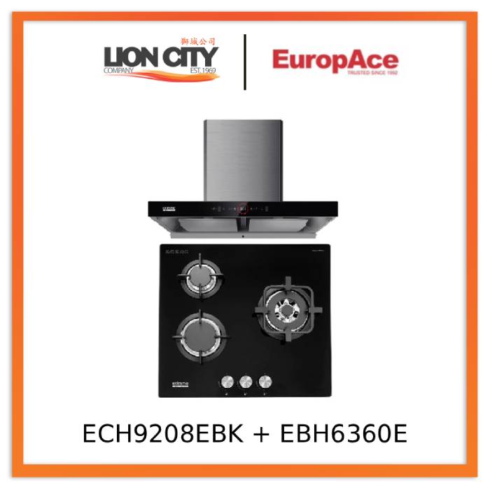 EuropAce ECH9208EBK 90cm 2000m3/h T-Shaped Chimney Hood + EuropAce EBH6360E LPG/TG 60cm Built-In Glass Gas Hob (3burner)