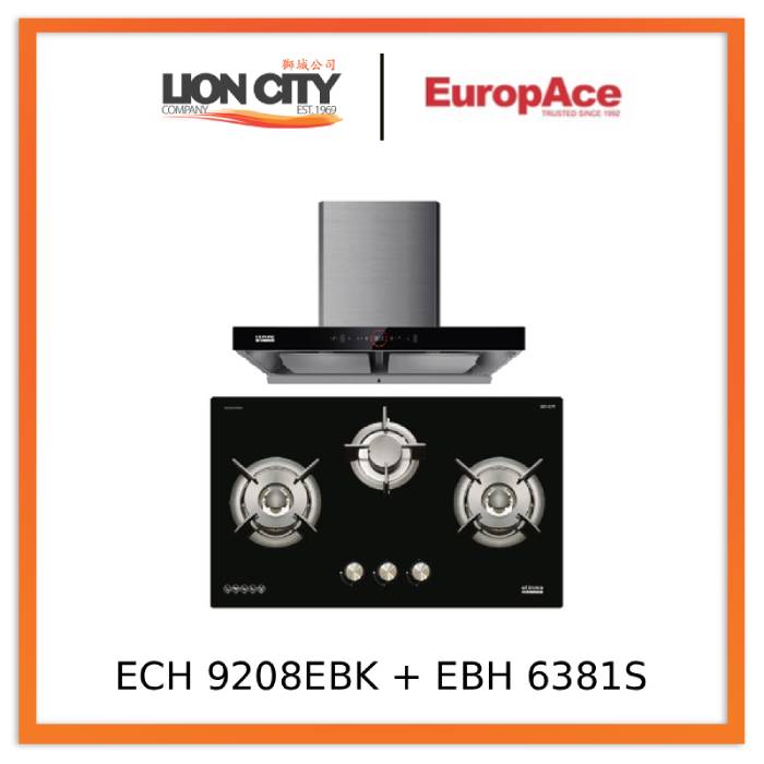 EuropAce ECH9208EBK 90cm 2000m3/h T-Shaped Chimney Hood + Europace EBH6381S LPG/TG  80cm Built-In Gas Hob (3burner)
