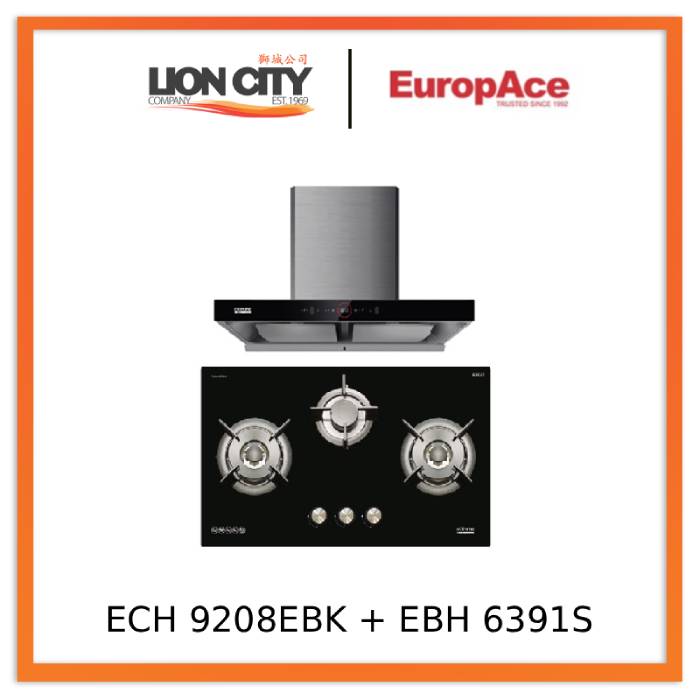 EuropAce ECH9208EBK 90cm 2000m3/h T-Shaped Chimney Hood + Europace EBH 6391S LPG/TG 3 Burner 90cm Gas Cooker Hob (Schott Glass)