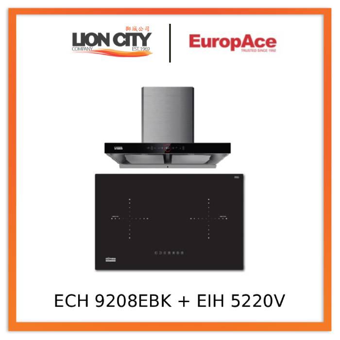 EuropAce ECH9208EBK 90cm 2000m3/h T-Shaped Chimney Hood + EIH5220V 75CM Built-in Induction Hob