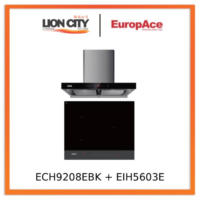 EuropAce ECH9208EBK 90cm 2000m3/h T-Shaped Chimney Hood + EuropAce EIH5603E 5 Series 60cm Induction Hob