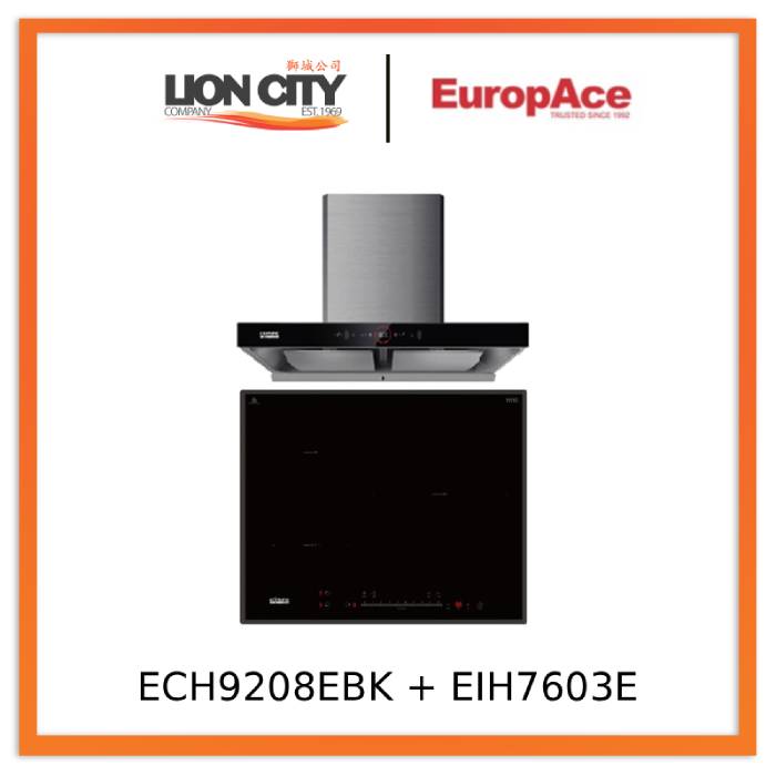 EuropAce ECH9208EBK 90cm 2000m3/h T-Shaped Chimney Hood + EuropAce EIH7603E 7 Series 60cm Induction Hob