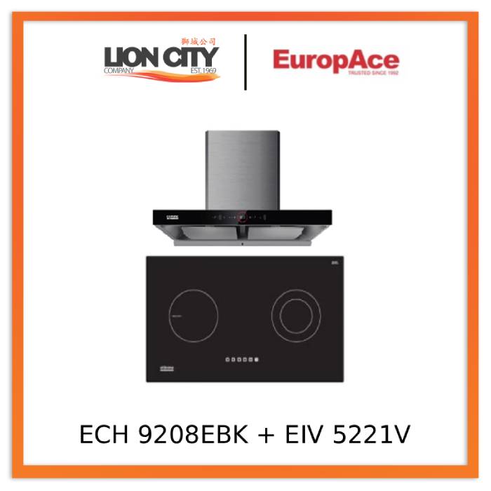 EuropAce ECH9208EBK 90cm 2000m3/h T-Shaped Chimney Hood + EIV5221V 75CM Built-in Induction Hob
