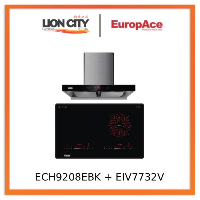 EuropAce ECH9208EBK 90cm 2000m3/h T-Shaped Chimney Hood + EIV7732V Otimmo 7 Series 73 cm 2-Burner Hybrid Hob