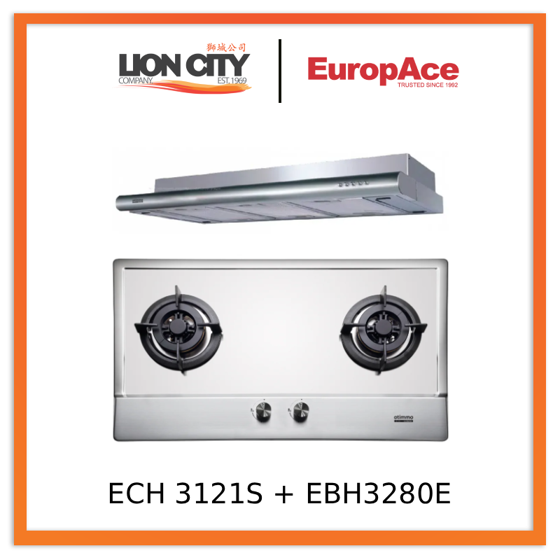 Europace ECH 3121S 90cm Deluxe S/Steel Slim Hood + EuropAce EBH3280E 80cm Built-In Stainless Steel Gas Hob (2burner)