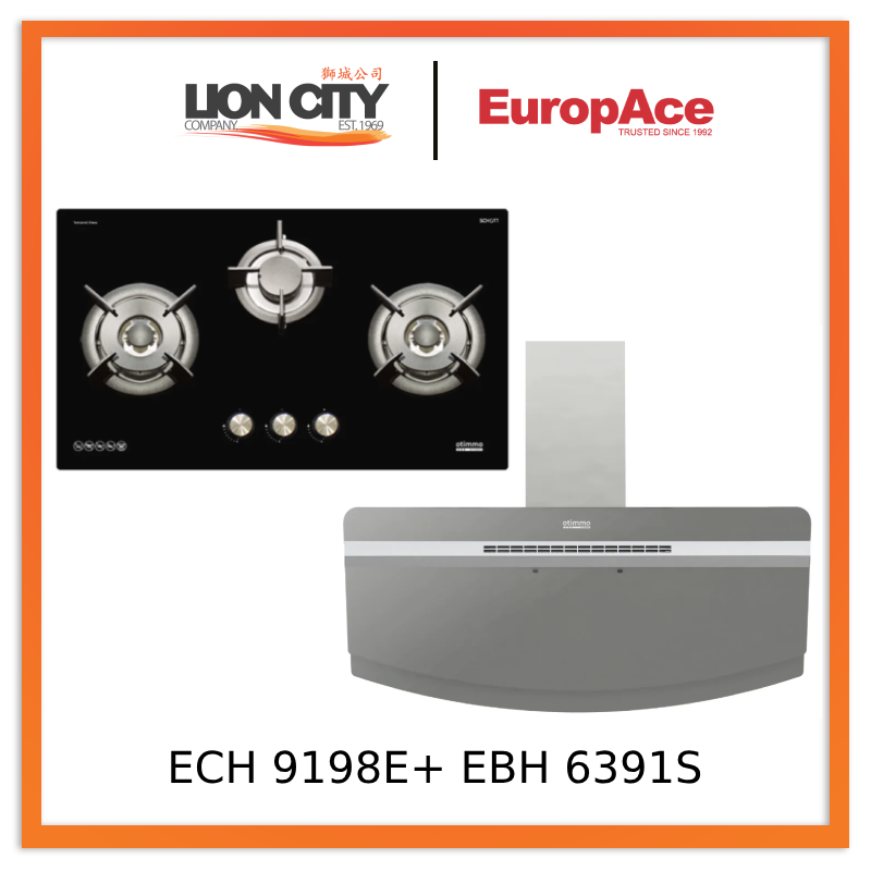 Europace ECH9198EBK 90cm 1400m3/h Designer Chimney Hood + EBH 6391S 3 Burner 90cm Gas Cooker Hob (Schott Glass)