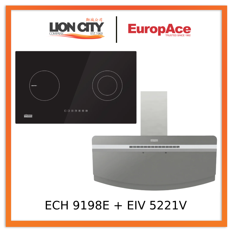 Europace ECH9198EBK 90cm 1400m3/h Designer Chimney Hood + EIV5221V 75CM Built-in Induction Hob