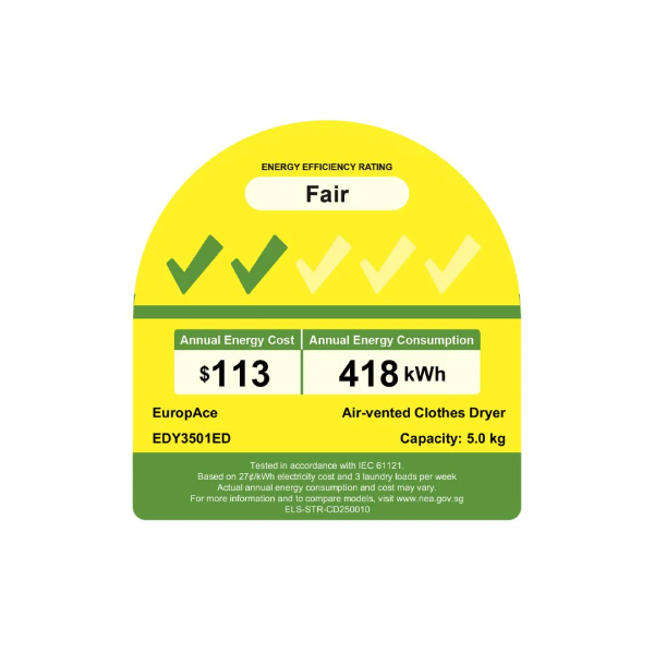 EuropAce EDY3501EDWH Moon Series 5KG Compact Dryer Touch Control