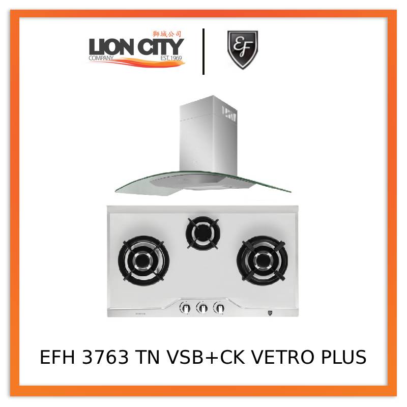 EF EFH 3763 TN VSB Gas Hob 78CM + CK VETRO PLUS Cooker Hood 90CM