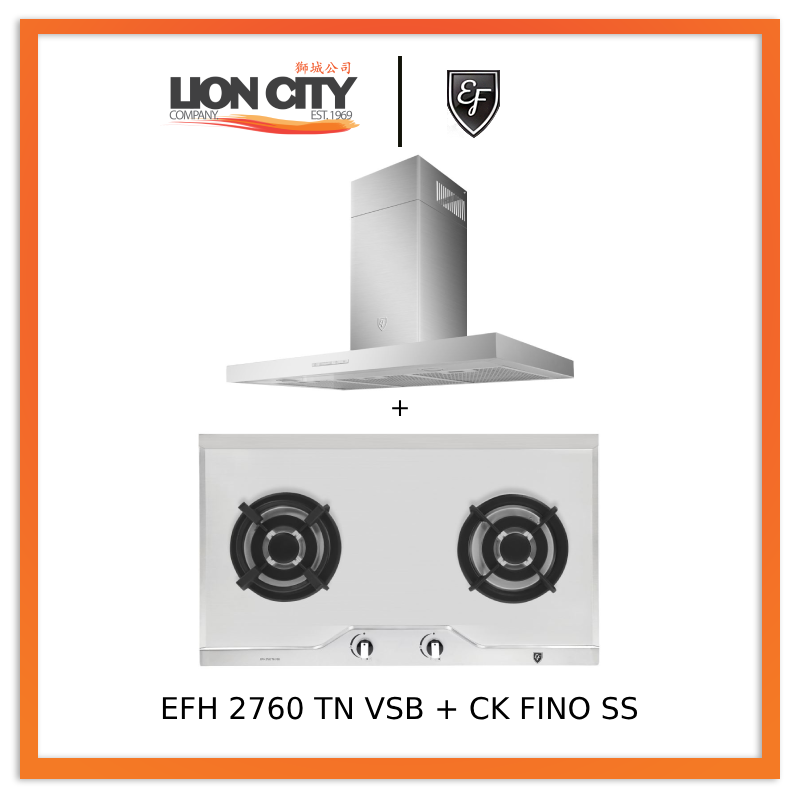 EF 90cm Chimney Hood CK-Fino SS + EF EFH 2760 TN VSB 78cm Built in Stainless Steel Gas Hob