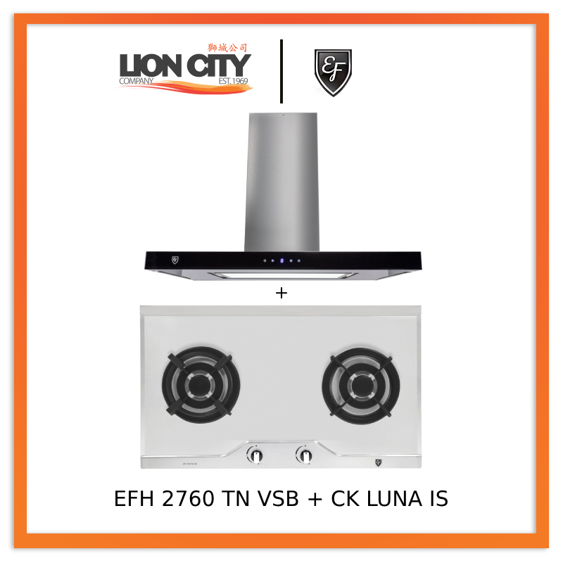 EF CK LUNA IS 90cm Island Hood + EF EFH 2760 TN VSB 78cm Built in Stainless Steel Gas Hob