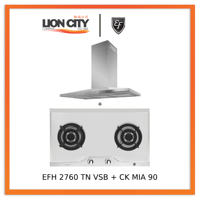 EF CK-Mia 90 90 cm Stainless Steel Chimney hood + EF EFH 2760 TN VSB 78cm Built in Stainless Steel Gas Hob