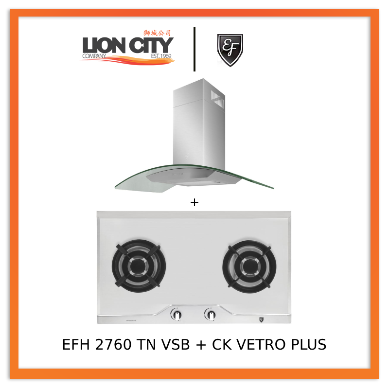 EF 90 CM Chimney Cooker Hood CK-Vetro Plus + EF EFH 2760 TN VSB 78cm Built in Stainless Steel Gas Hob