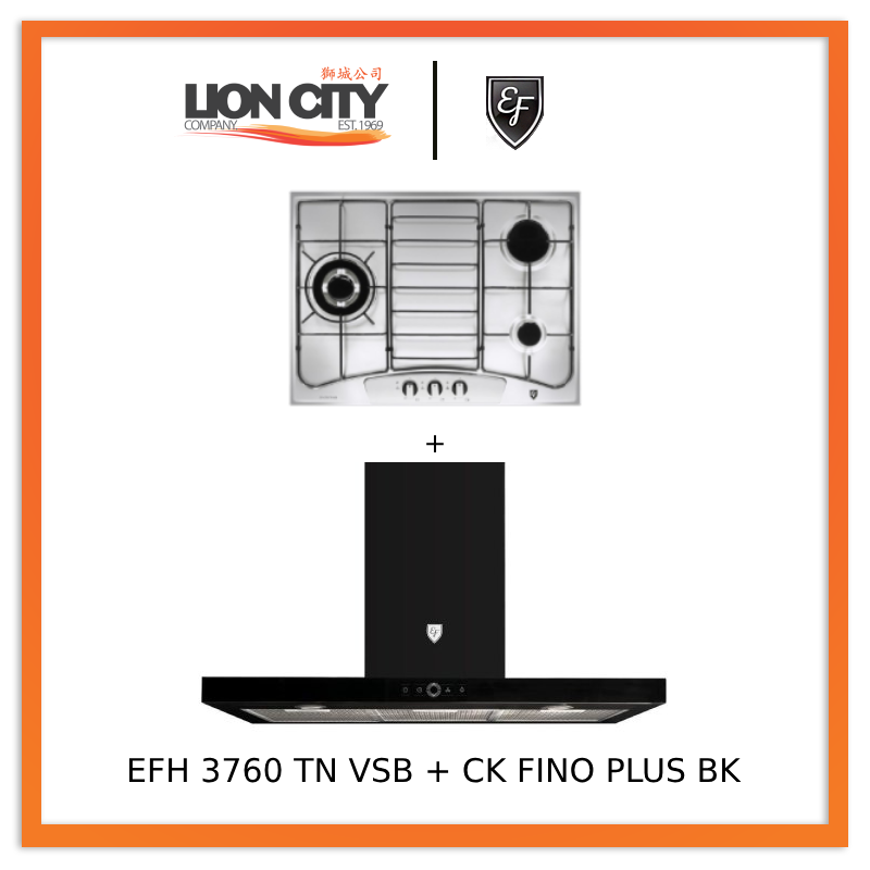 EF 90cm Chimney Hood CK FINO PLUS BK + EF EFH 2760 TN VSB 78cm Built in Stainless Steel Gas Hob