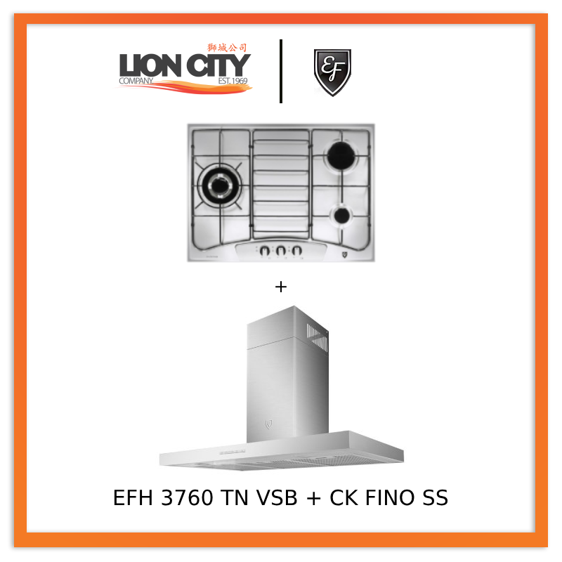 EF 90cm Chimney Hood CK-Fino SS + EF EFH3760 68cm 3-Burner Gas Hob