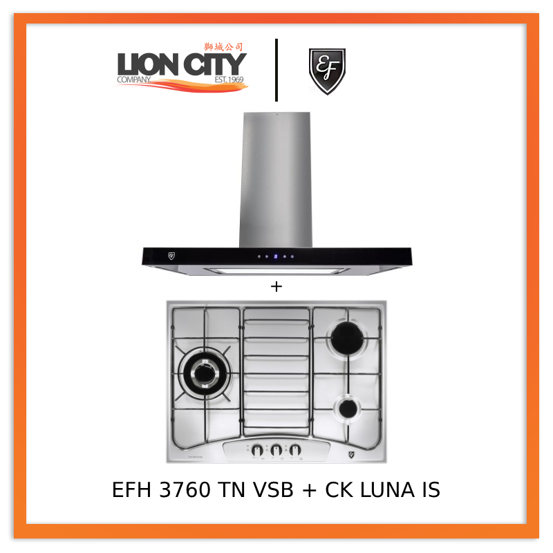 EF CK LUNA IS 90cm Island Hood + EF EFH3760 68cm 3-Burner Gas Hob