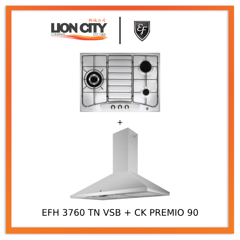 EF CK Premio 90 Chimney Hood + EF EFH3760 68cm 3-Burner Gas Hob