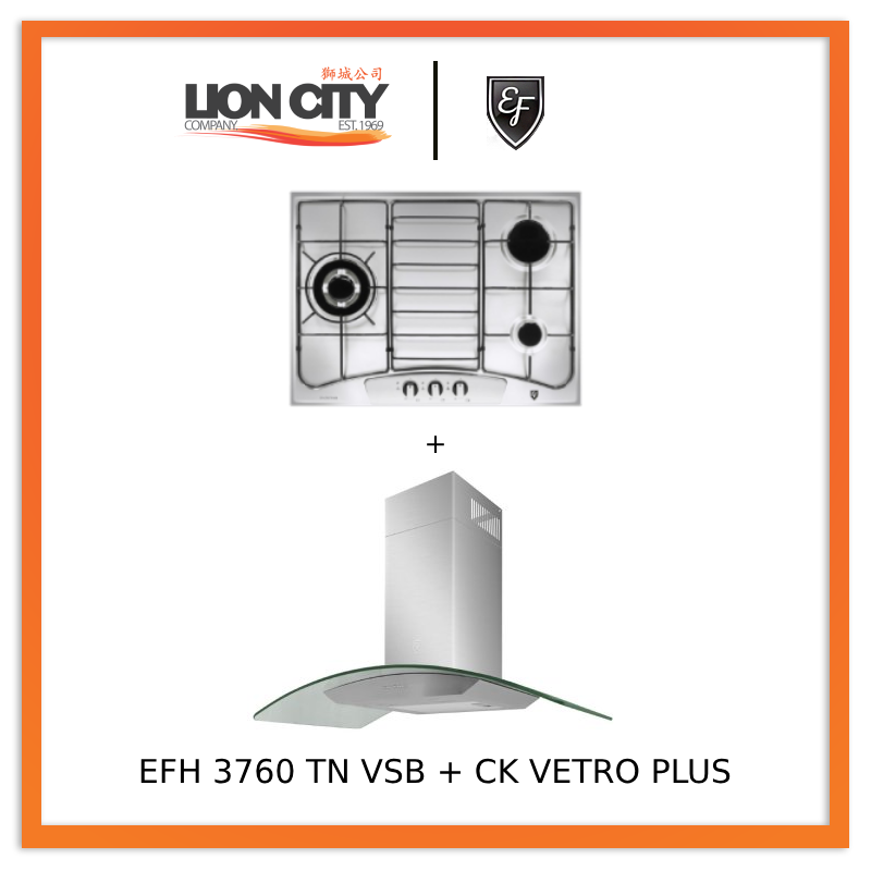 EF 90 CM Chimney Cooker Hood CK-Vetro Plus + EF EFH3760 68cm 3-Burner Gas Hob