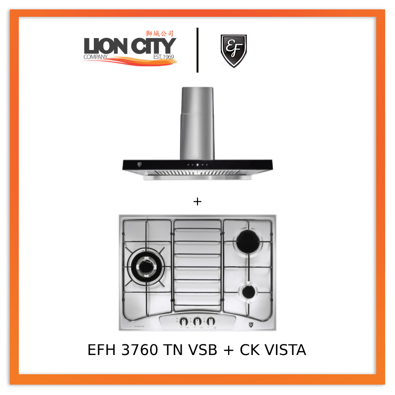 EF EFH3760 68cm 3-Burner Gas Hob + CK VISTA Cooker Hood 90CM