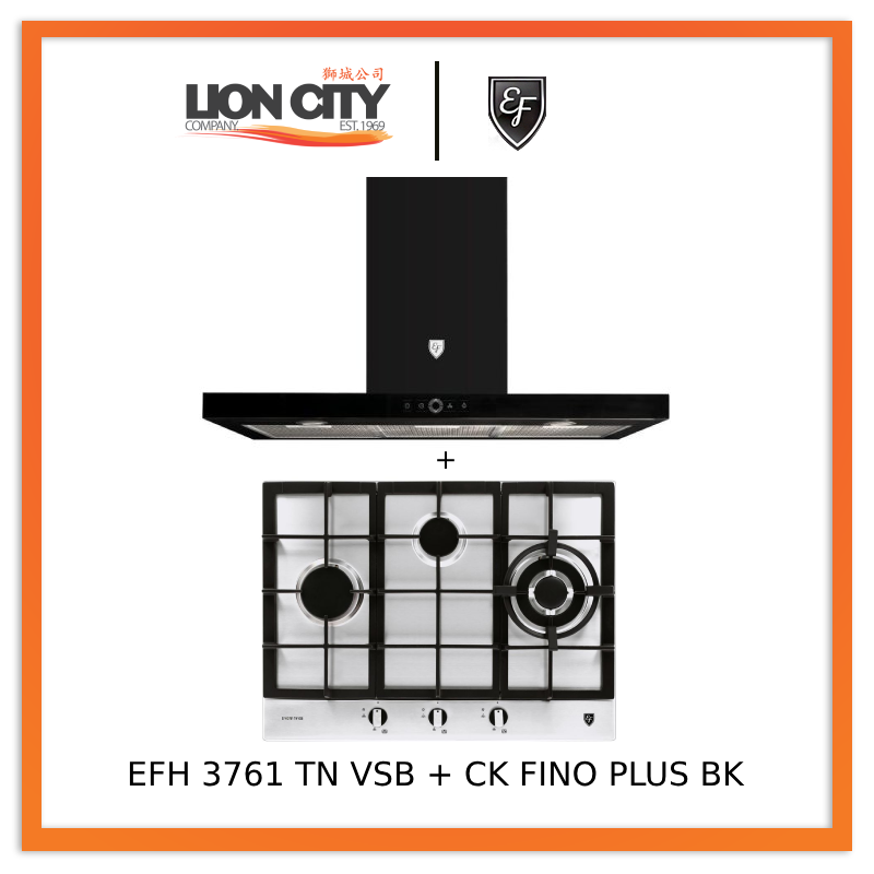 EF 90cm Chimney Hood CK FINO PLUS BK + EF EFH 3761 TN VSB 68cm Built in Stainless Steel Gas Hob