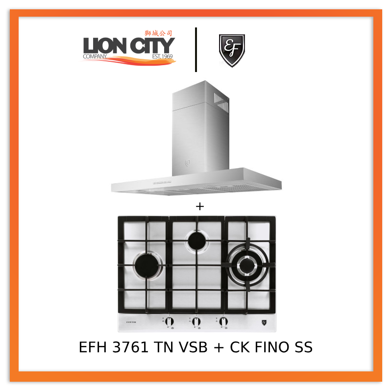 EF 90cm Chimney Hood CK-Fino SS + EF EFH 3761 TN VSB 68cm Built in Stainless Steel Gas Hob