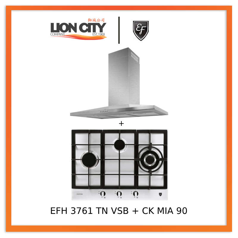 EF CK-Mia 90 90 cm Stainless Steel Chimney hood + EF EFH 3761 TN VSB 68cm Built in Stainless Steel Gas Hob