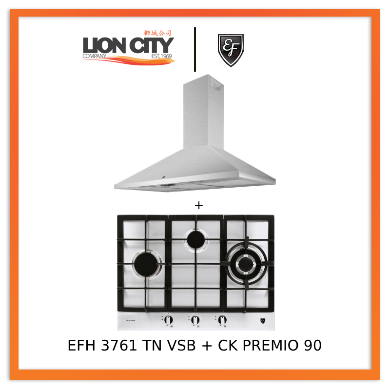 EF CK Premio 90 Chimney Hood + EF EFH 3761 TN VSB 68cm Built in Stainless Steel Gas Hob