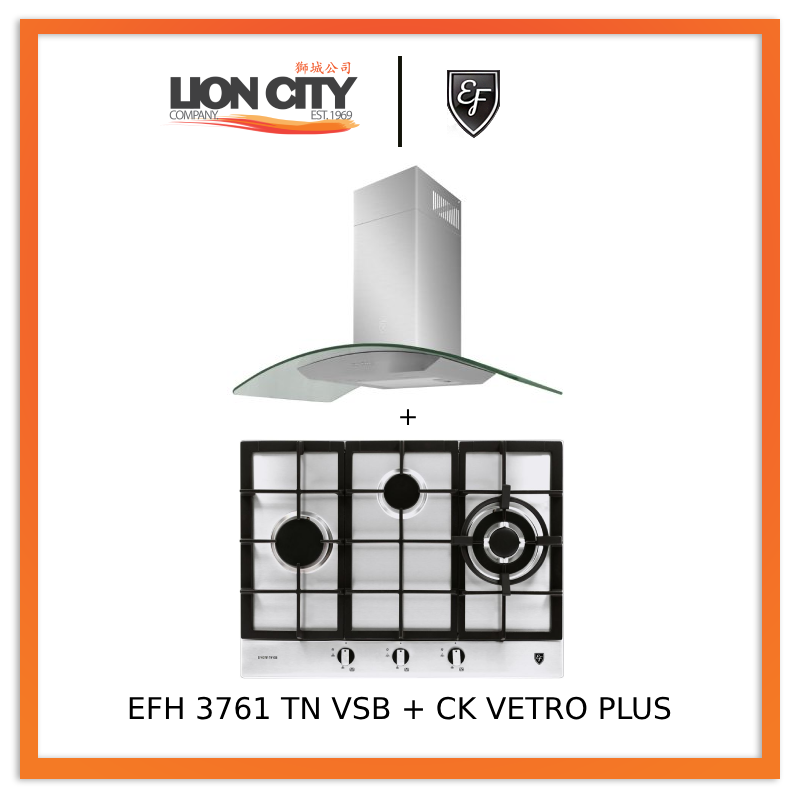 EF 90 CM Chimney Cooker Hood CK-Vetro Plus + EF EFH 3761 TN VSB 68cm Built in Stainless Steel Gas Hob