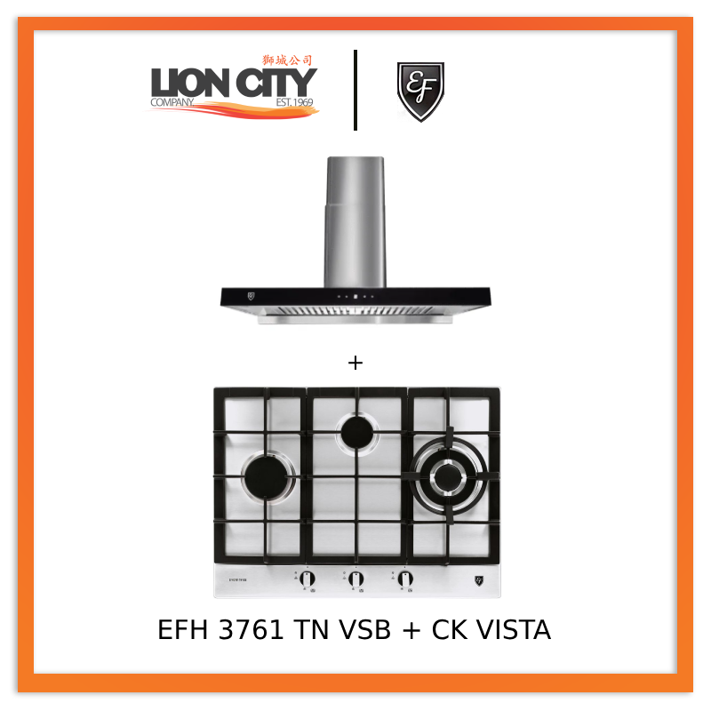 EF EFH 3761 TN VSB 68cm Built in Stainless Steel Gas Hob + CK VISTA Cooker Hood 90CM