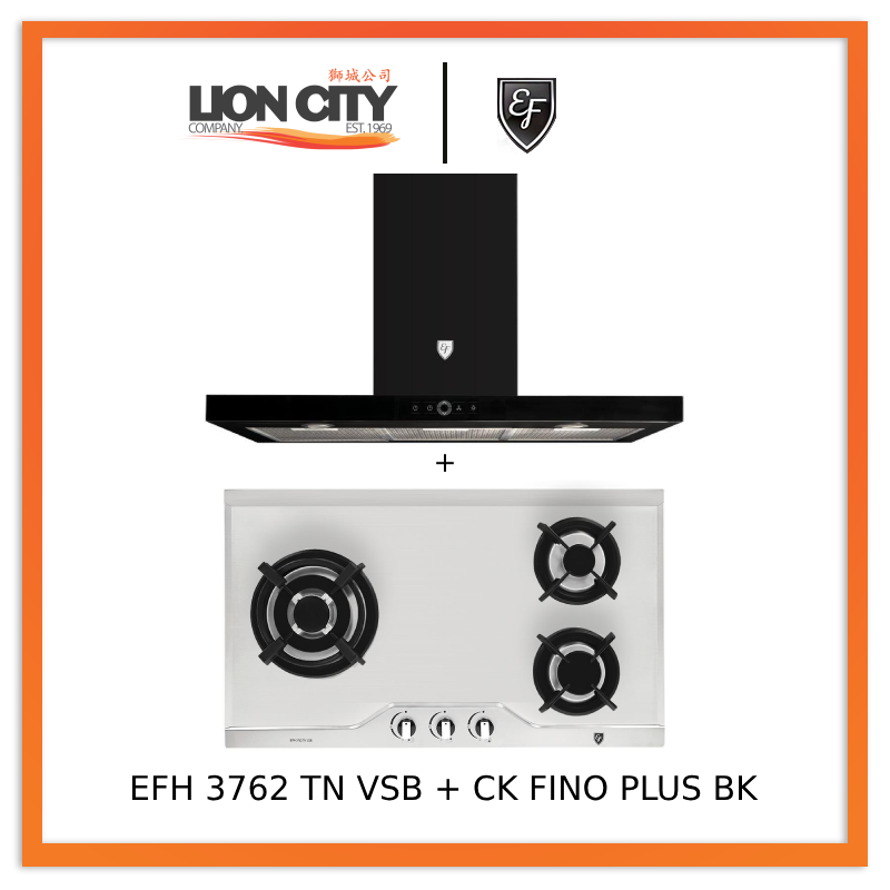 EF 90cm Chimney Hood CK FINO PLUS BK + EF EFH 3762 TN VSB 78cm Built in Stainless Steel Gas Hob