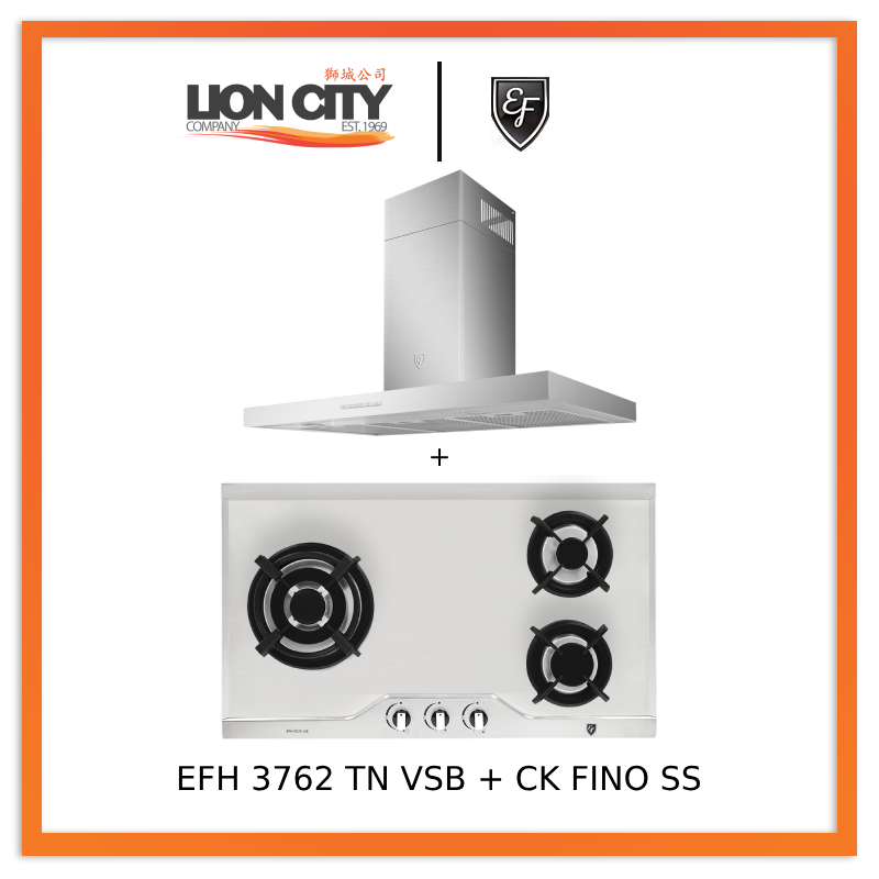 EF 90cm Chimney Hood CK-Fino SS + EF EFH 3762 TN VSB 78cm Built in Stainless Steel Gas Hob