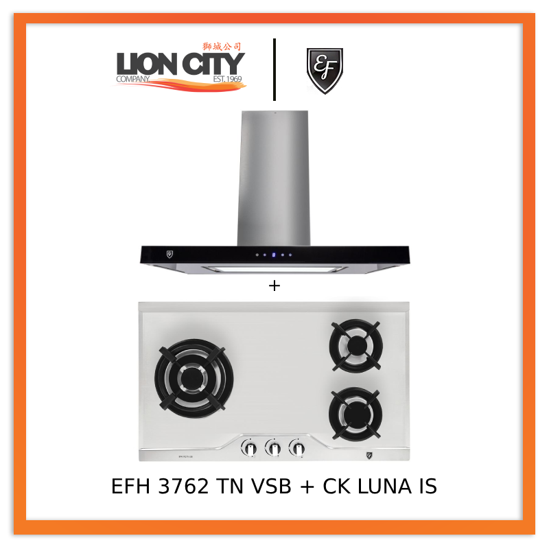 EF CK LUNA IS 90cm Island Hood + EF EFH 3762 TN VSB 78cm Built in Stainless Steel Gas Hob