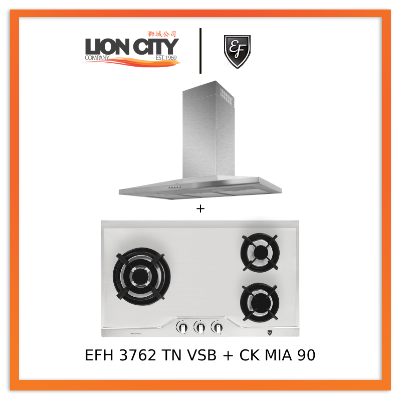 EF CK-Mia 90 90 cm Stainless Steel Chimney hood + EF EFH 3762 TN VSB 78cm Built in Stainless Steel Gas Hob