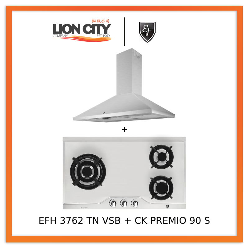 EF CK Premio 90 Chimney Hood + EF EFH 3762 TN VSB 78cm Built in Stainless Steel Gas Hob