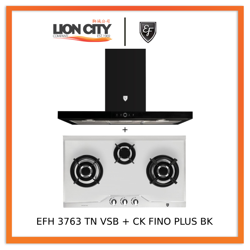 EF 90cm Chimney Hood CK FINO PLUS BK + EF EFH 3763 TN VSB 78cm Built in Stainless Steel Gas Hob