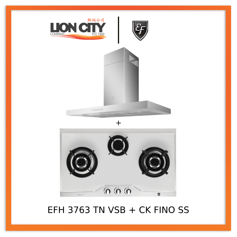 EF 90cm Chimney Hood CK-Fino SS + EF EFH 3763 TN VSB 78cm Built in Stainless Steel Gas Hob